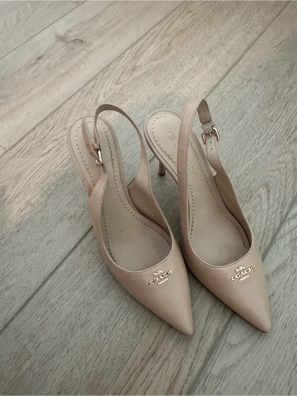 Coach Beige Leather Pointed Slingback Heels with Gold Logo
